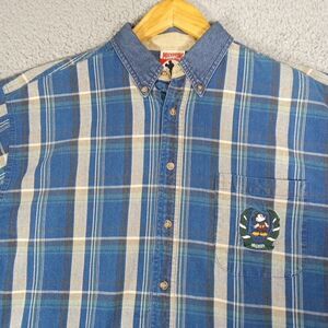 Mickey Inc Button Up Shirt Men's Large Blue White Plaid Embroidered Vintage